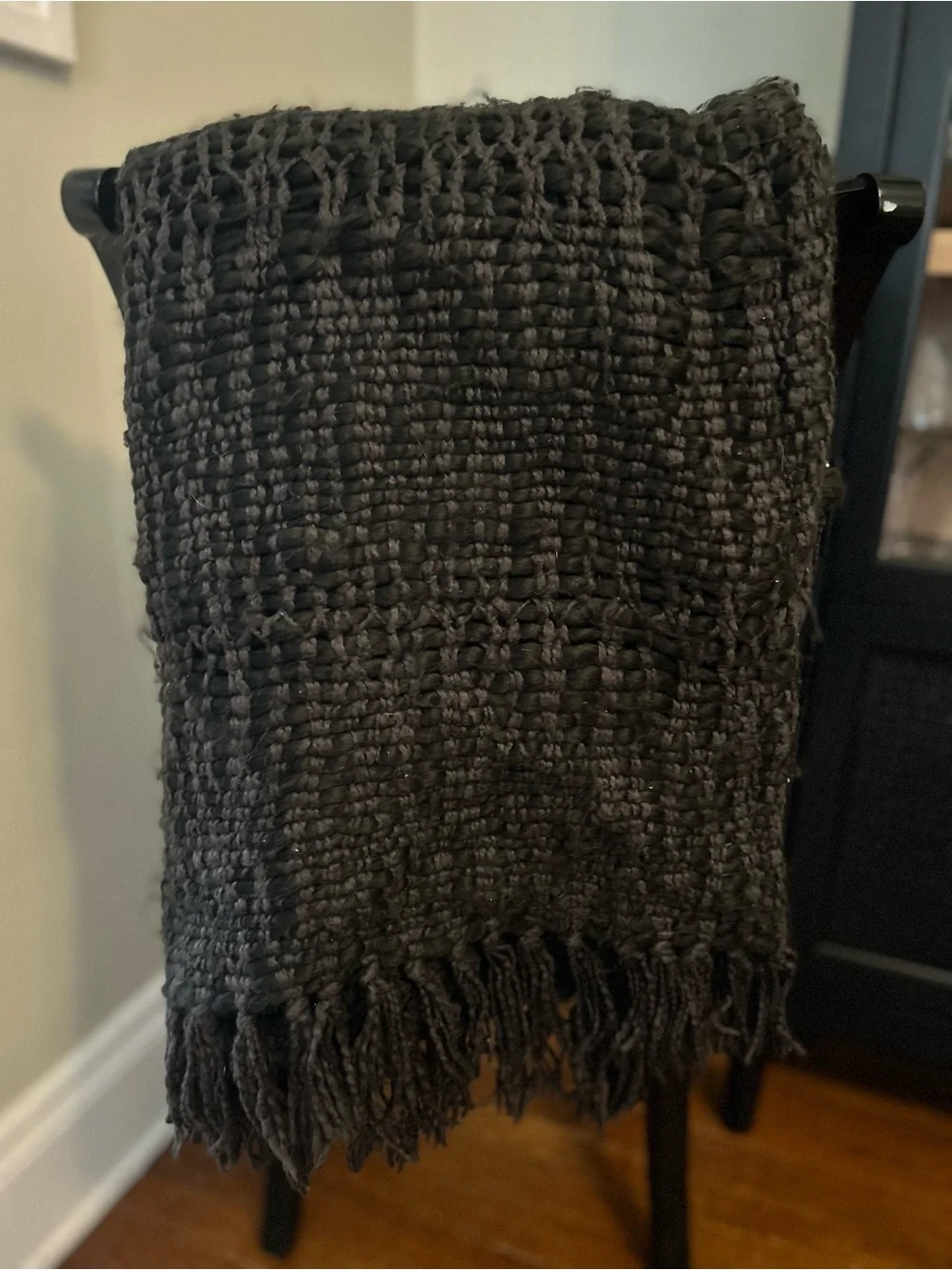 West Elm Black Chunky Knit Throw with Fringe